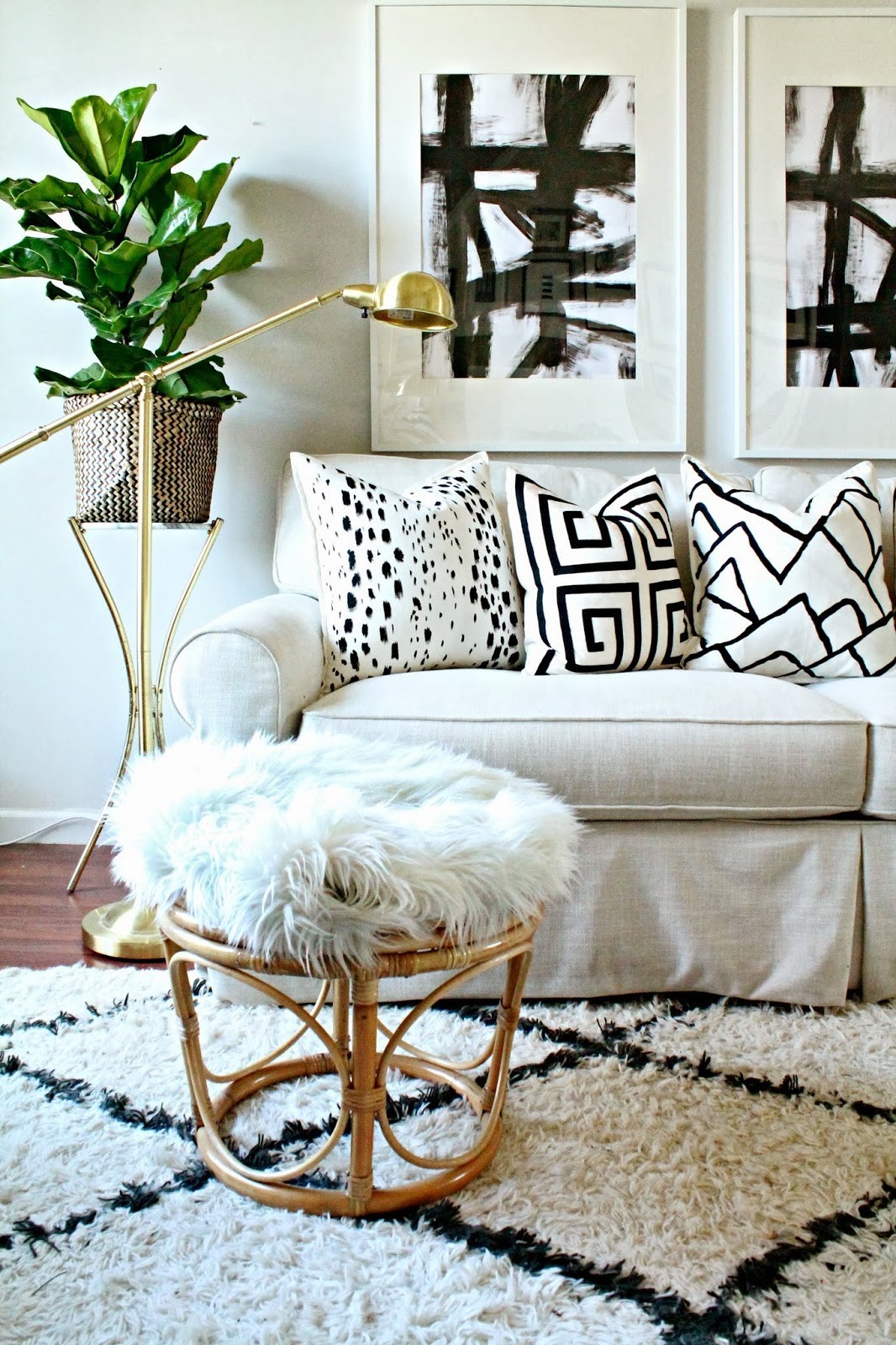 white fur and rattan stool