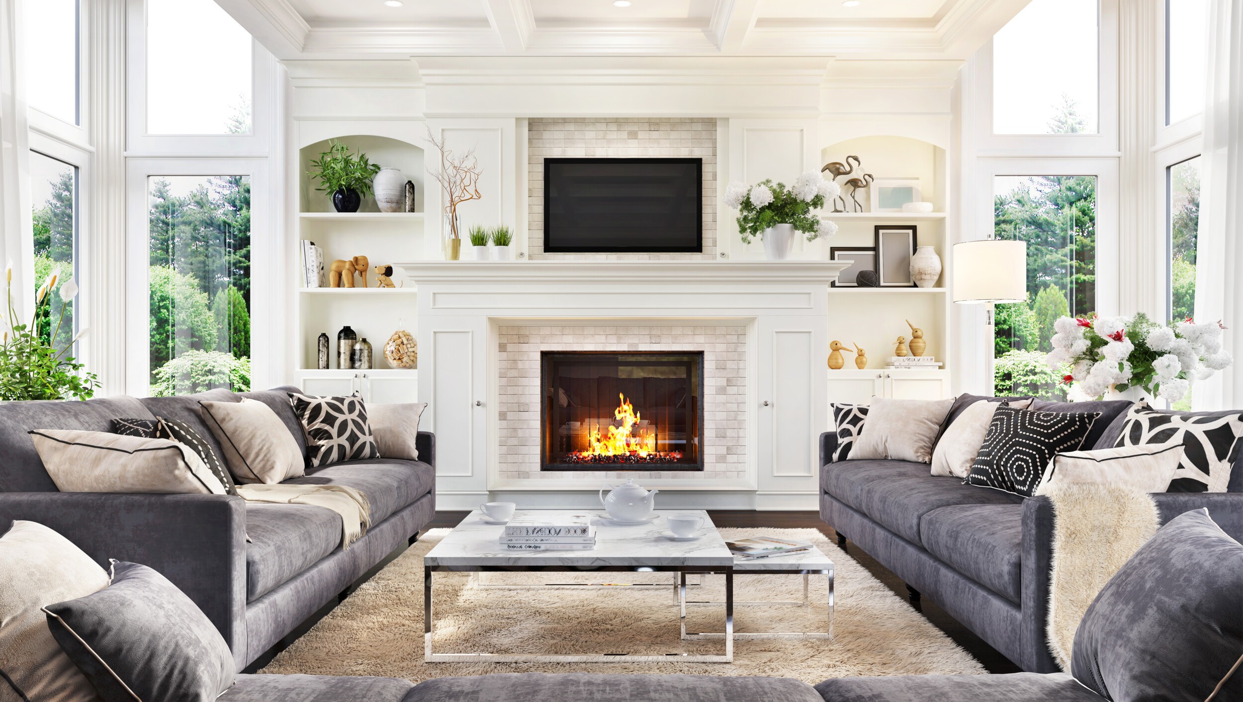 Luxurious interior design living room and fireplace