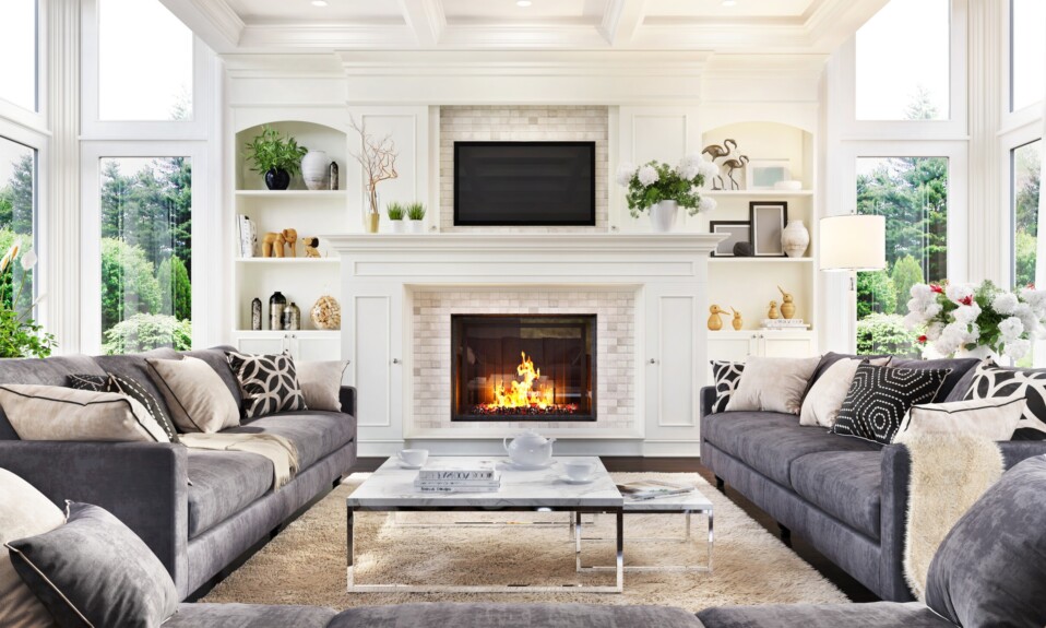 Luxurious interior design living room and fireplace