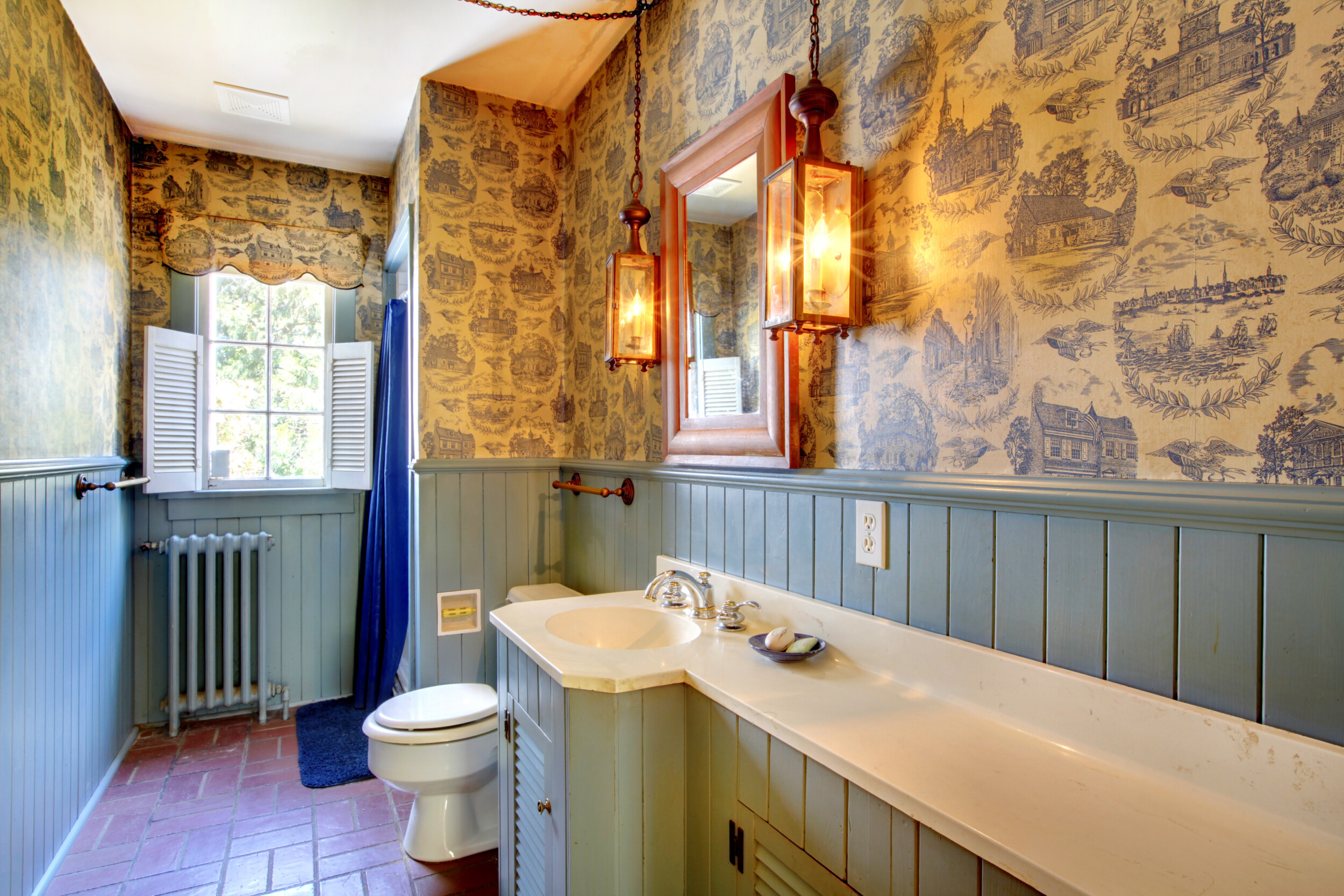 bathroom toile wallpaper