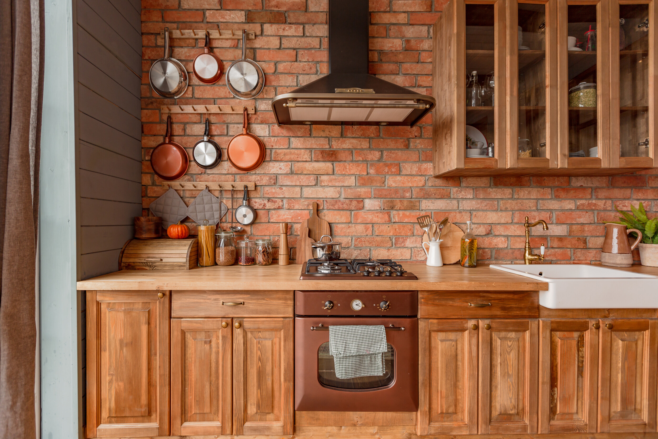 brick wall country kitchen