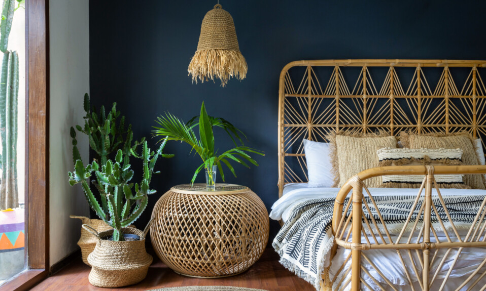 dark blue boho bedroom interior