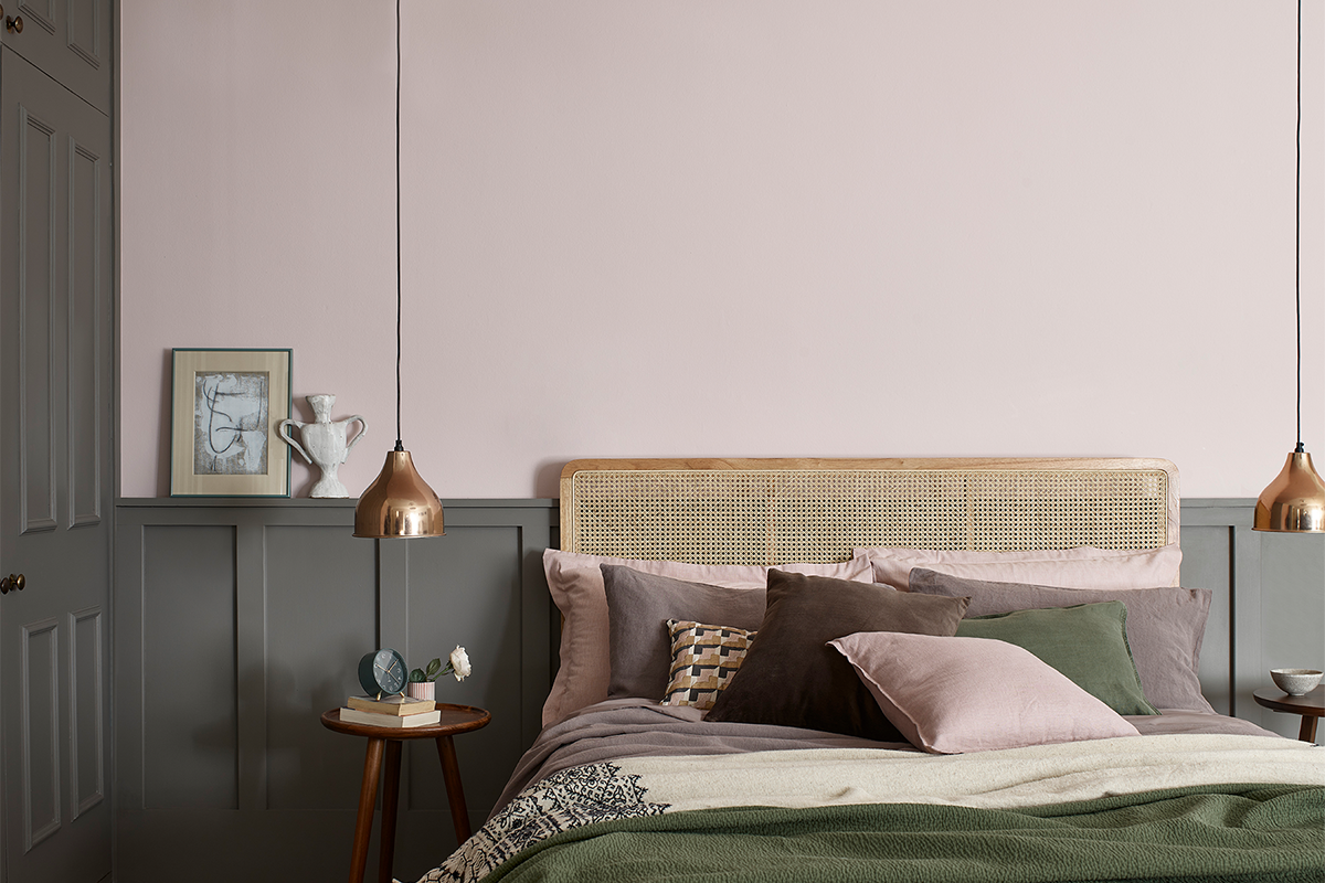 dusty pink bedroom with grey walls