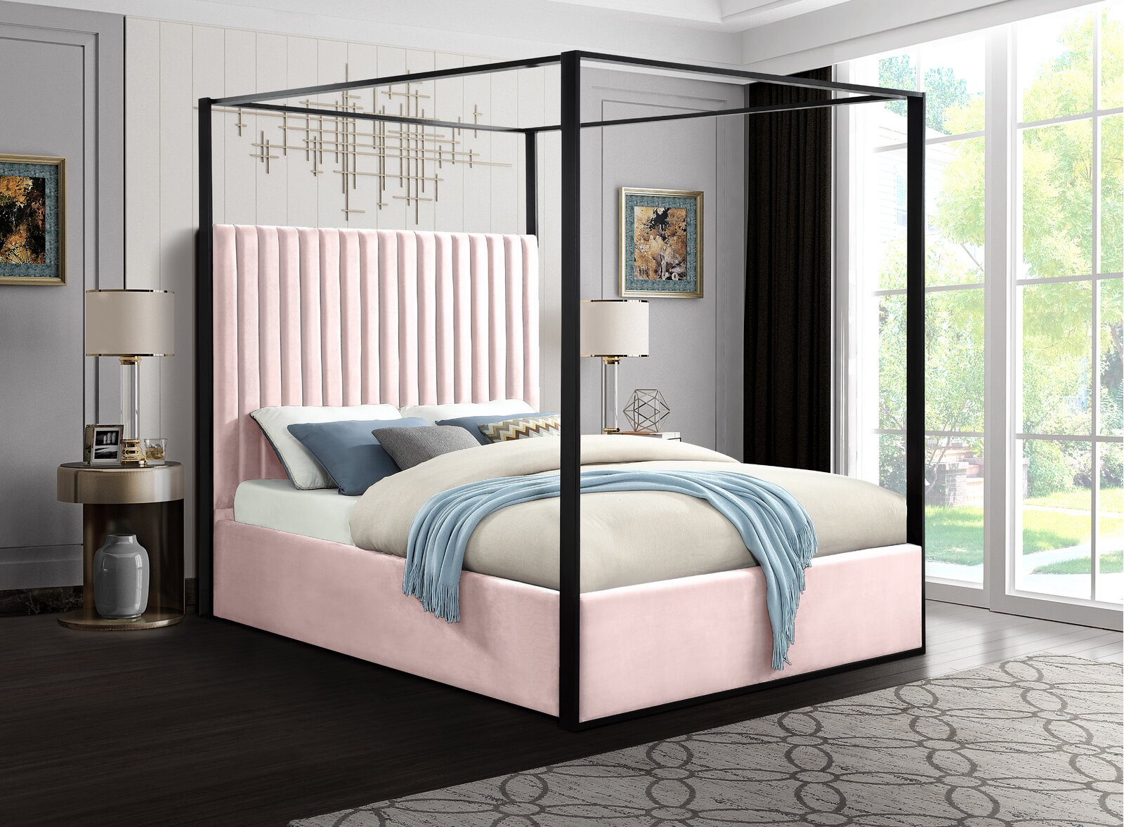 four poster canopy pink upholstered bed