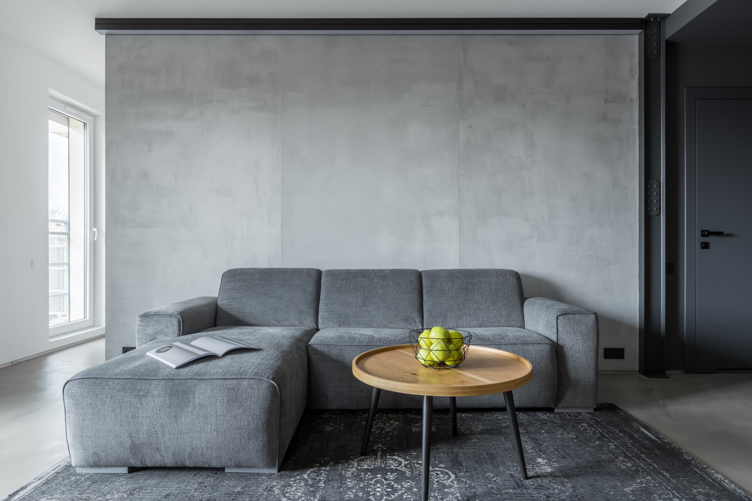 living room design with gray couch