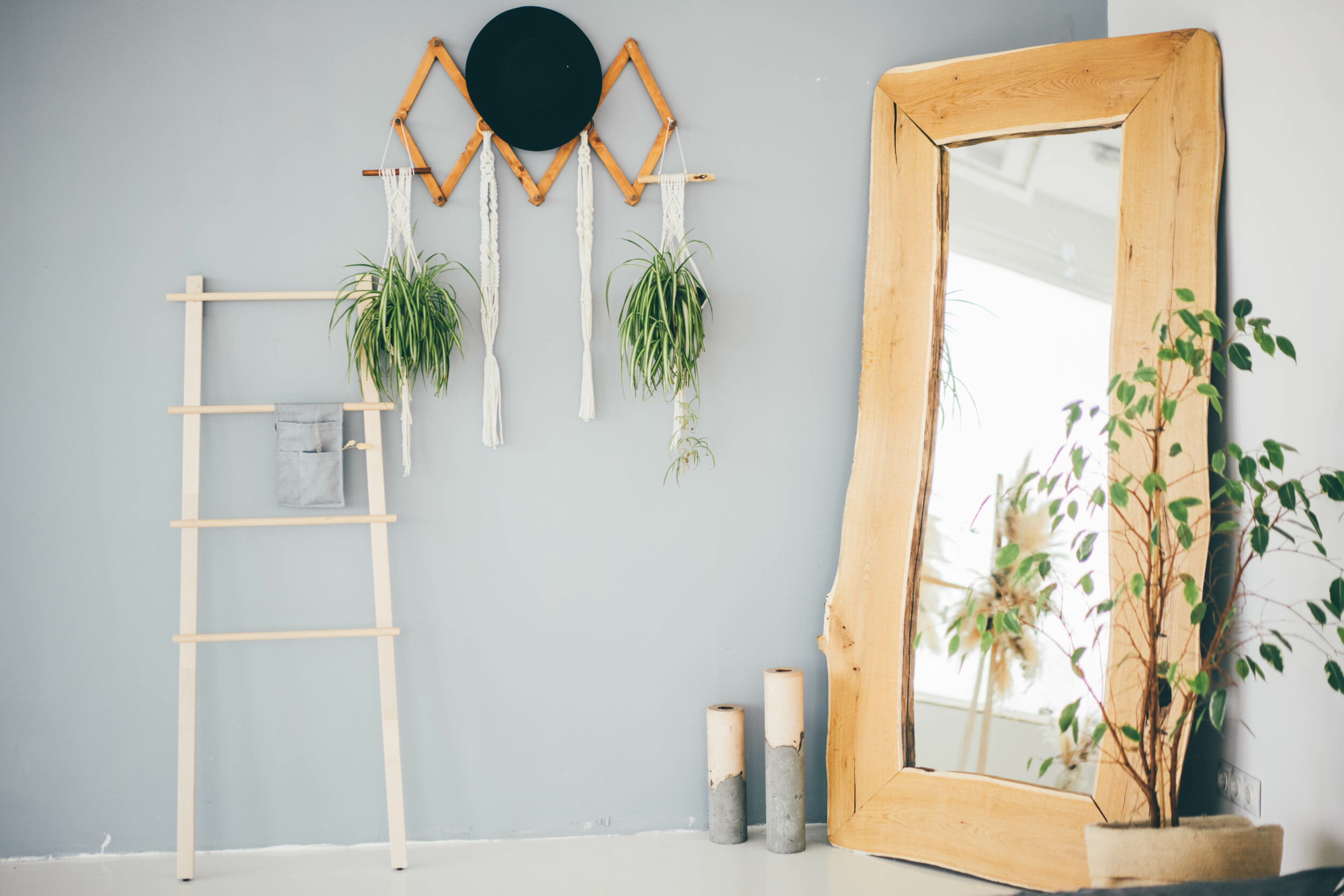 hallway interior with handmade wooden mirror