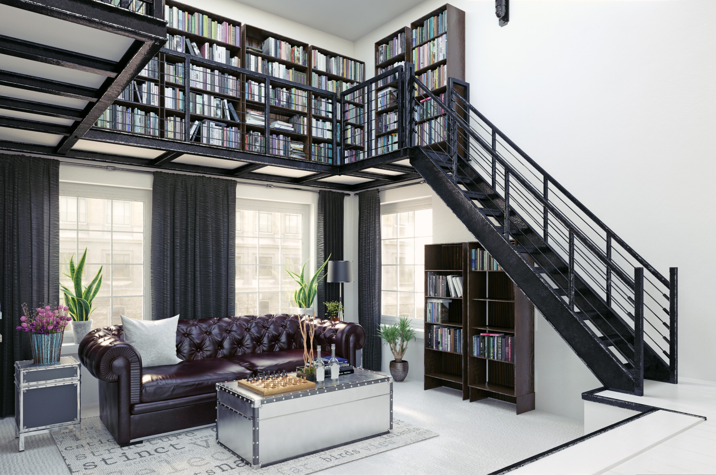 home library with stairs