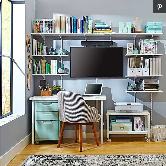 home office open shelving with hidden storage