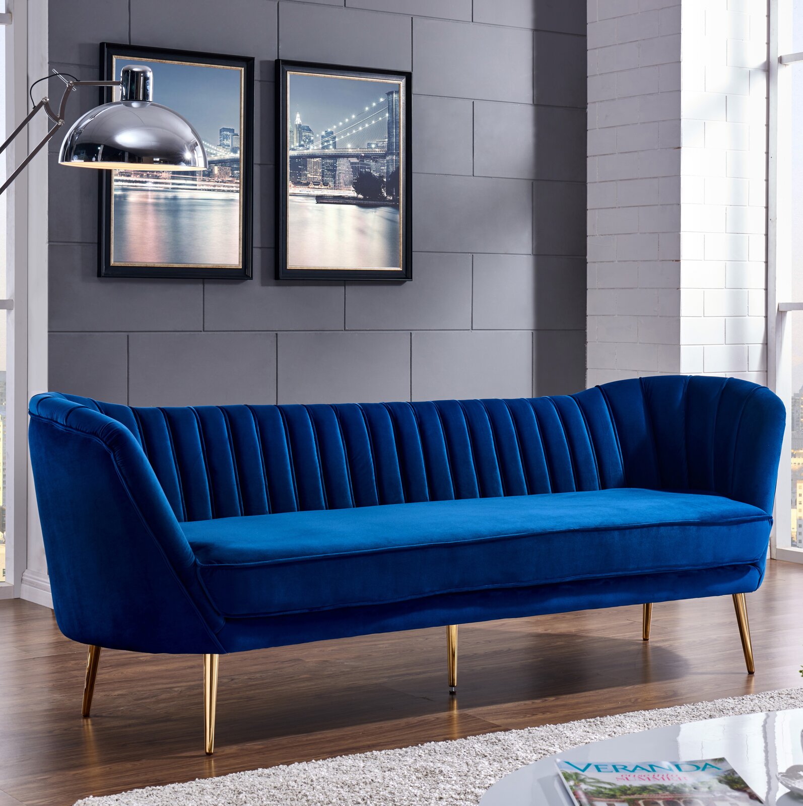 modern blue velvet sofa