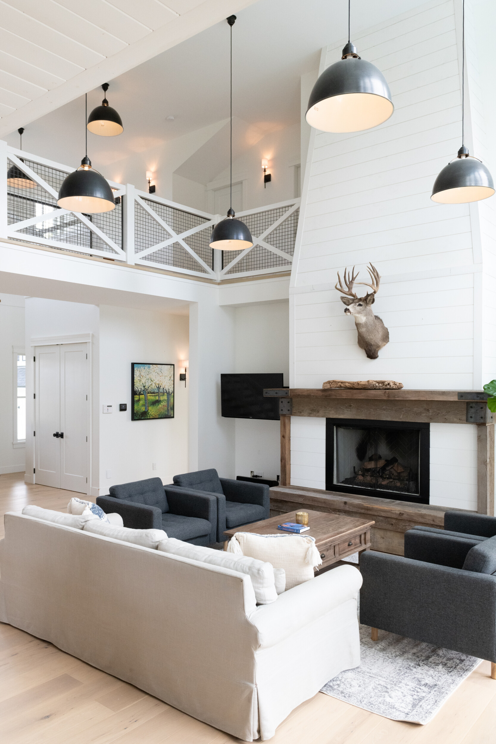 modern farmhouse interior living room with fireplace