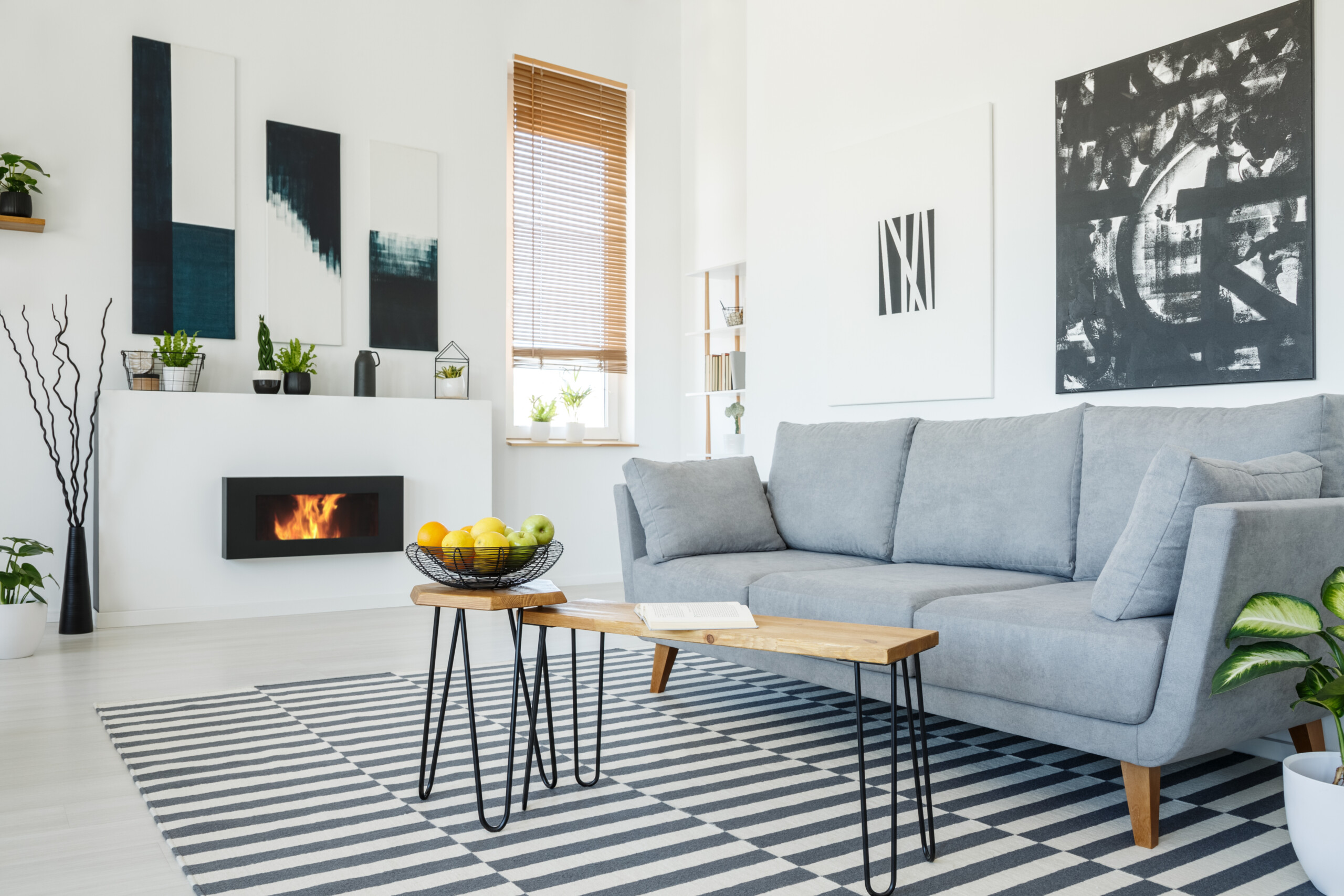 modern urban living room with grey sofa