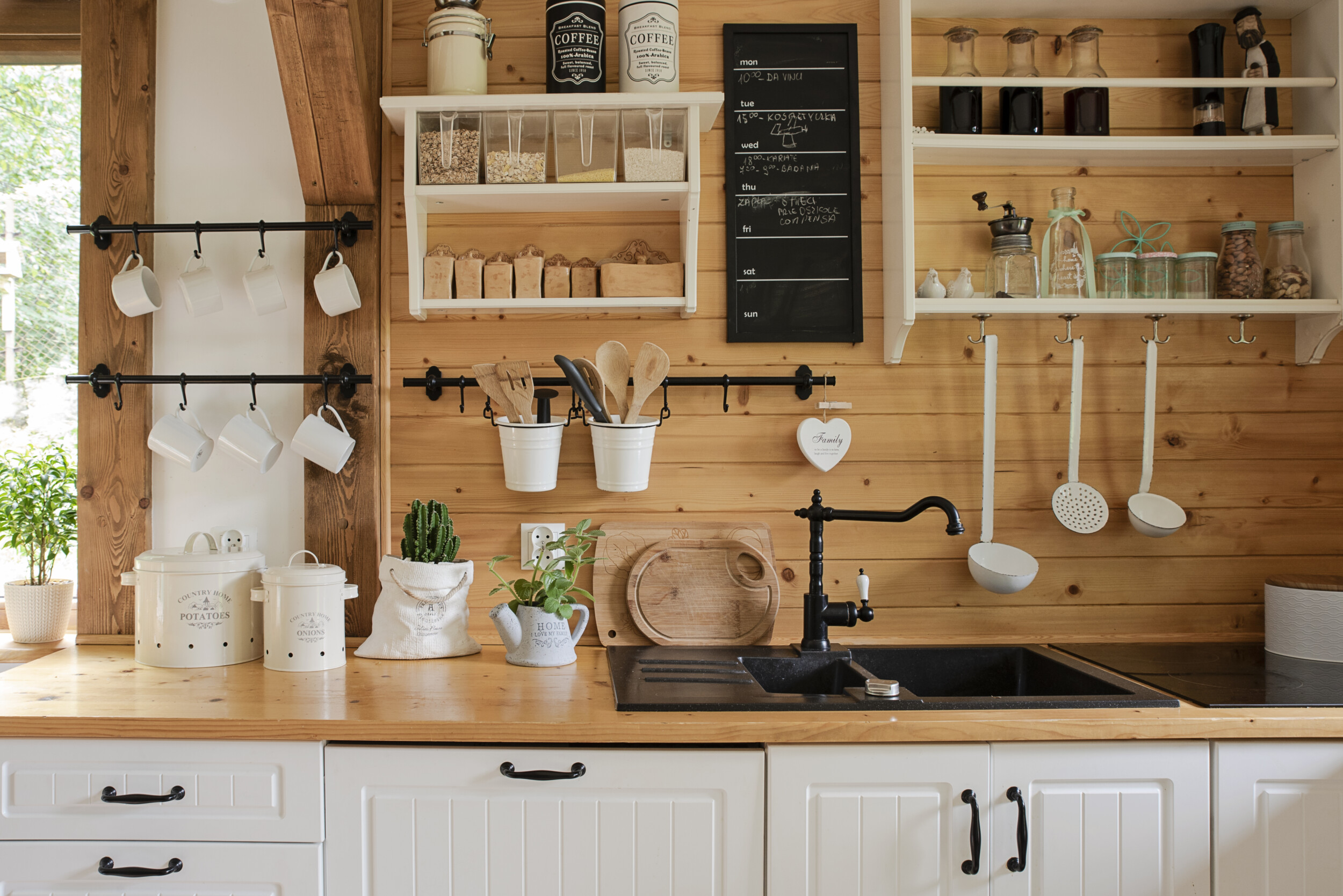 shelves behind kitchen sink