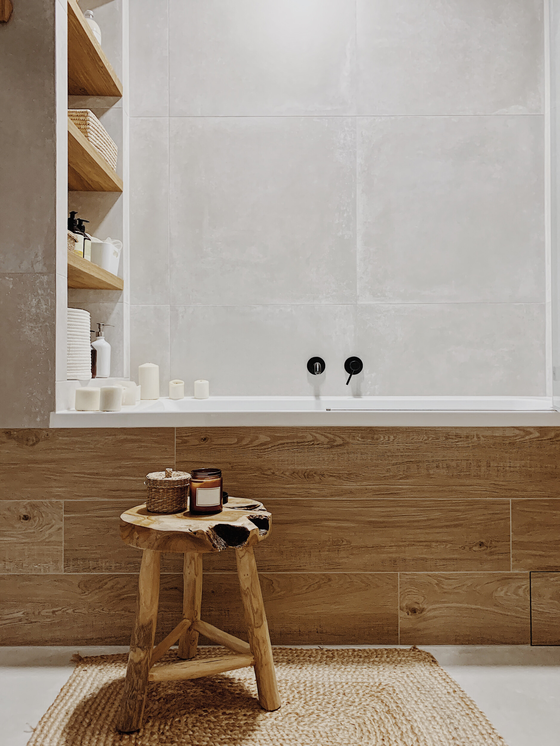 wooden stool in bathroom