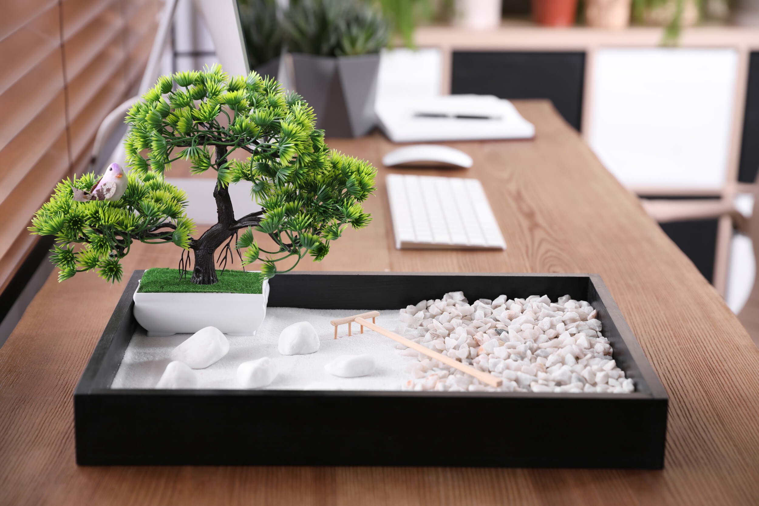 Beautiful miniature zen garden and computer on wooden table in office
