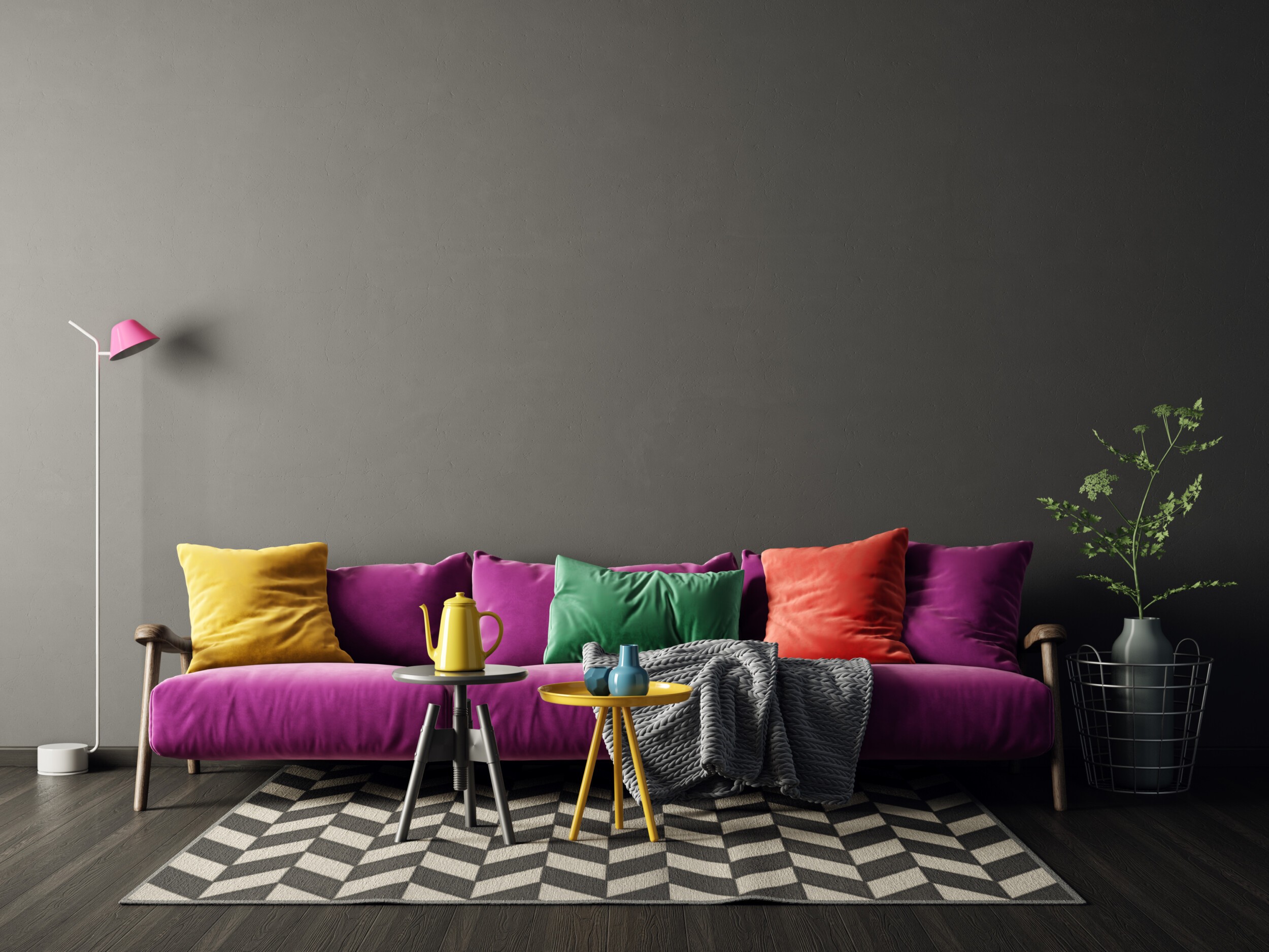 Colors are the star of the show, Eclectic design interior with purple sofa. Scandinavian furniture