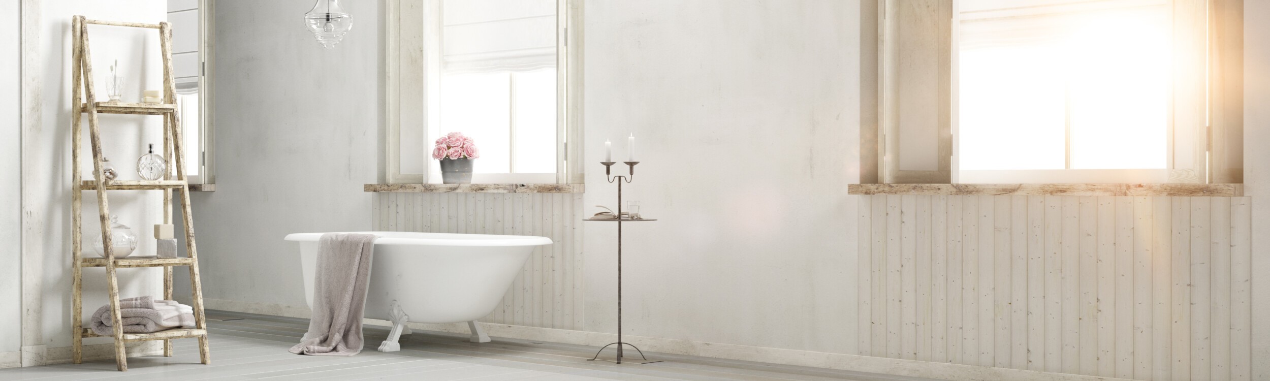 Shabby chic bathroom with sun flare