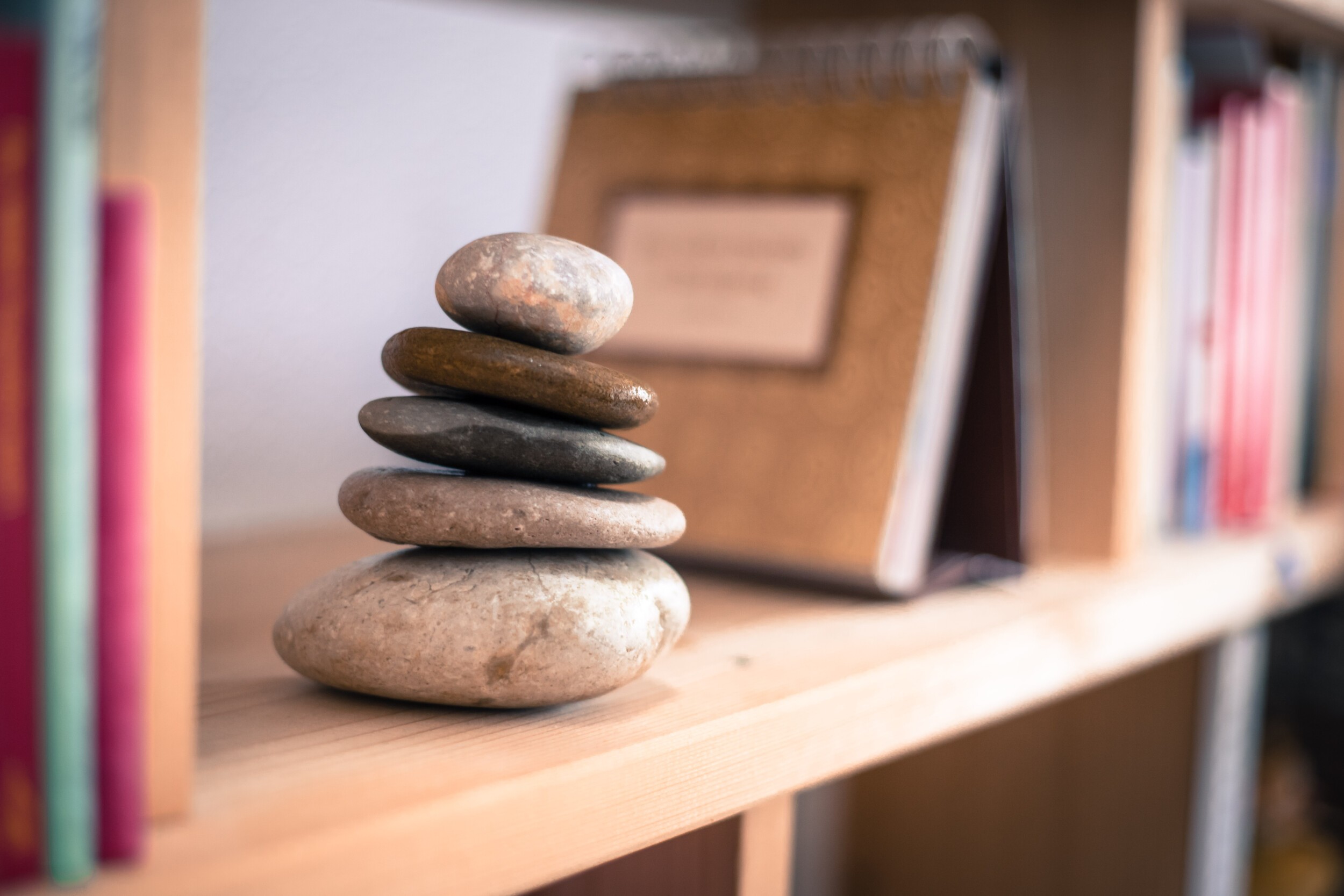 Stone cairn in a book shelf in the living room