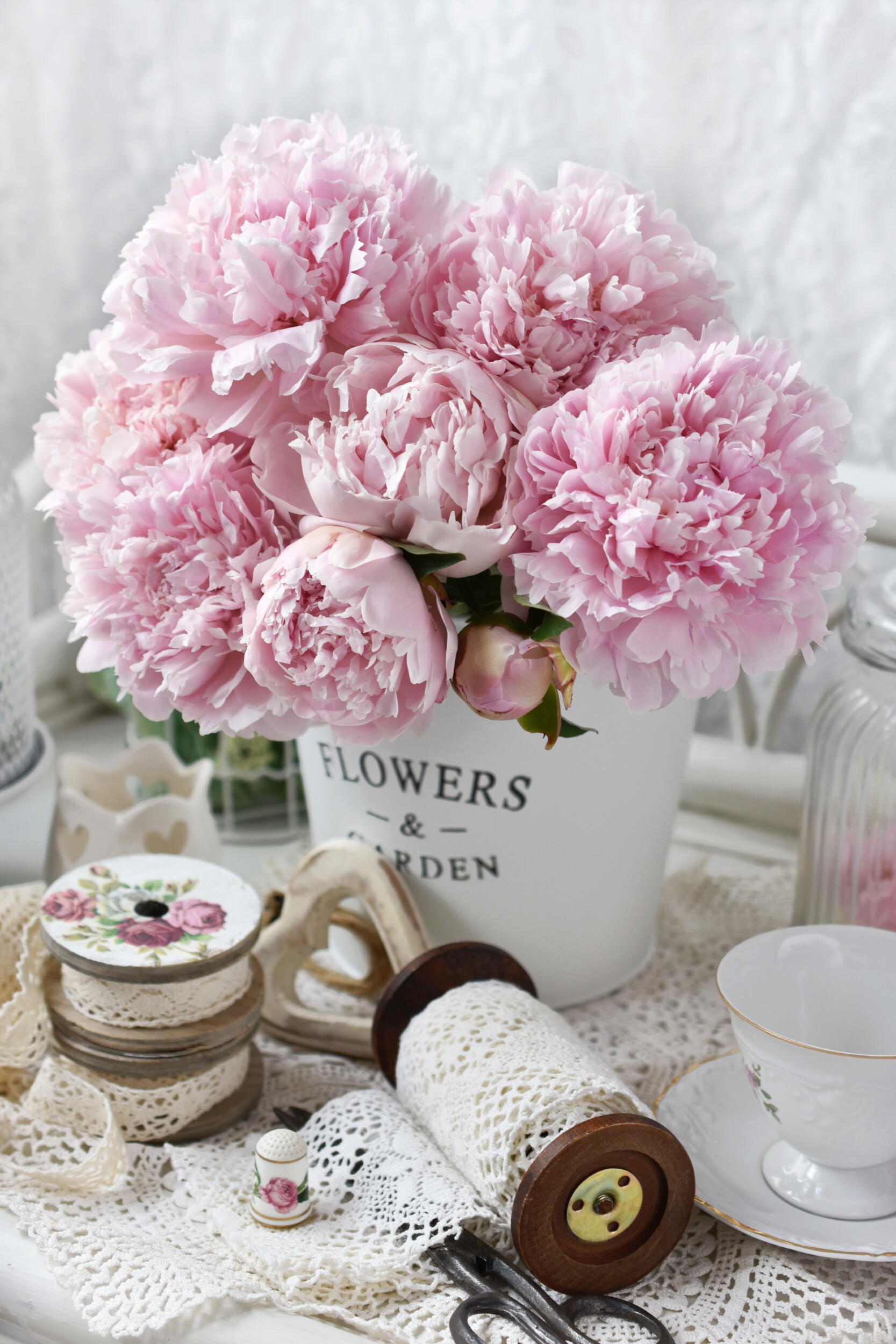 bunch of peony in shabby chic style interior
