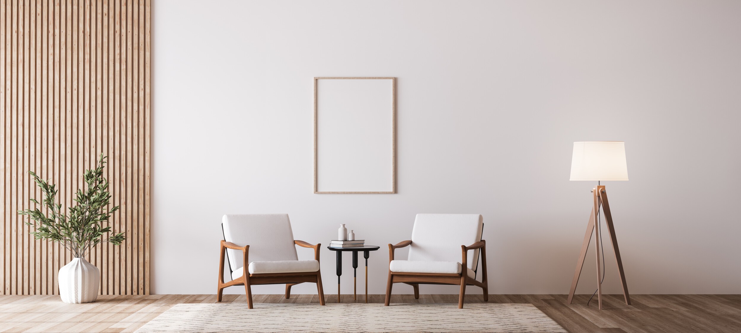 two wooden chairs on white wall