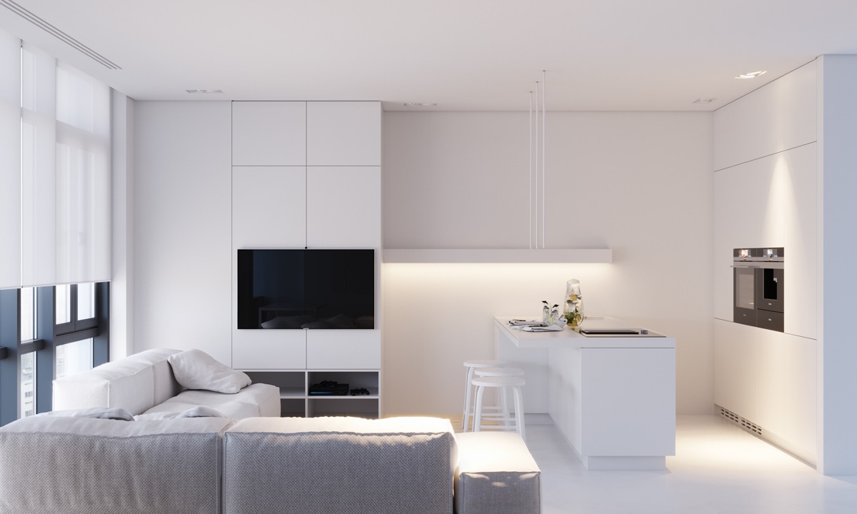 minimalistyczny bialy salon z kuchnią