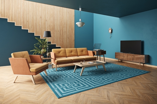 niebieski salon styl lata 70te
