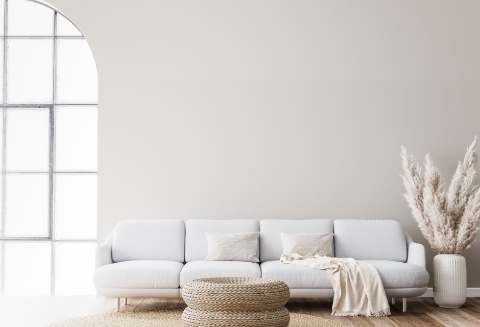 Scandinavian living room design with rattan table