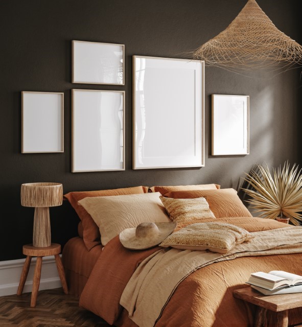 darkbedroom interior background with rattan furniture