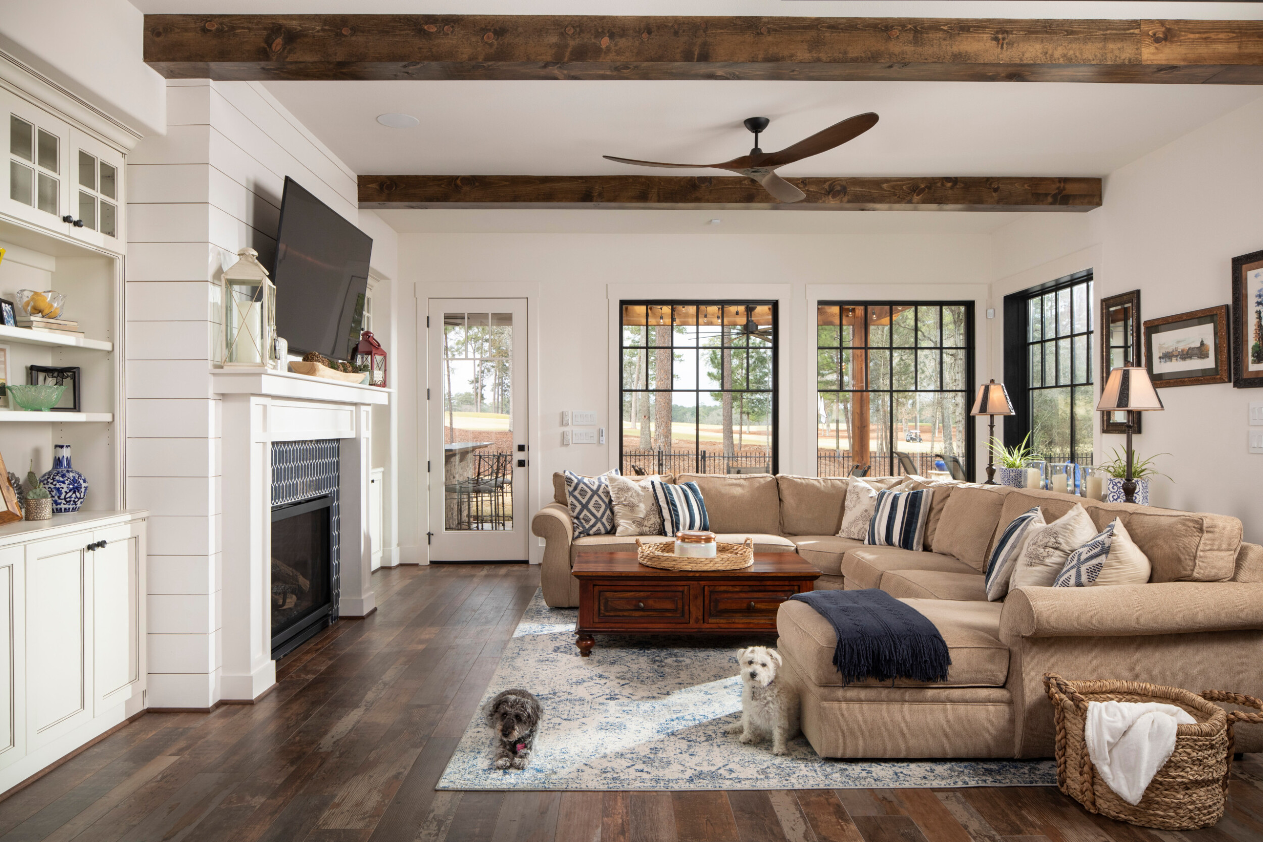 Modern farmhouse living room with large sectional couch