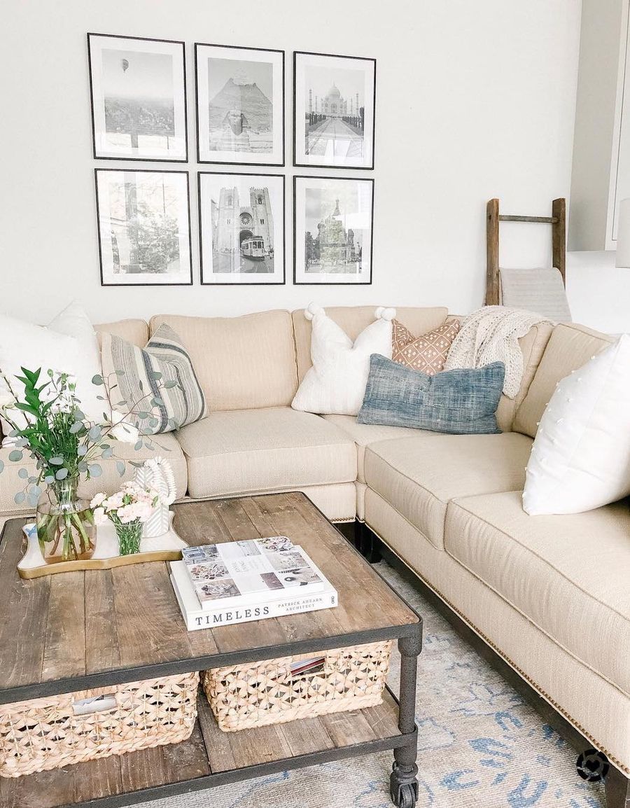 Modern living room with beige sectional couch