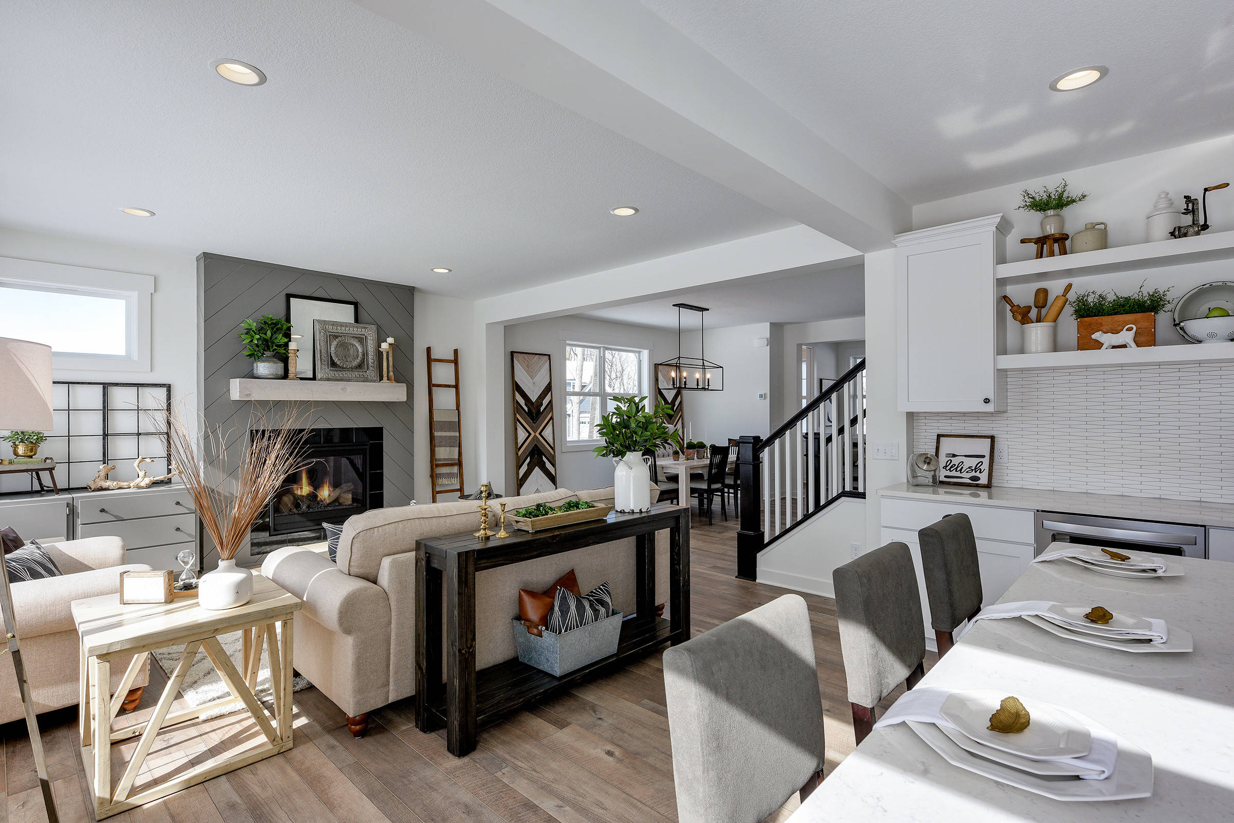 Open concept modern farmhouse living room and kitchen 